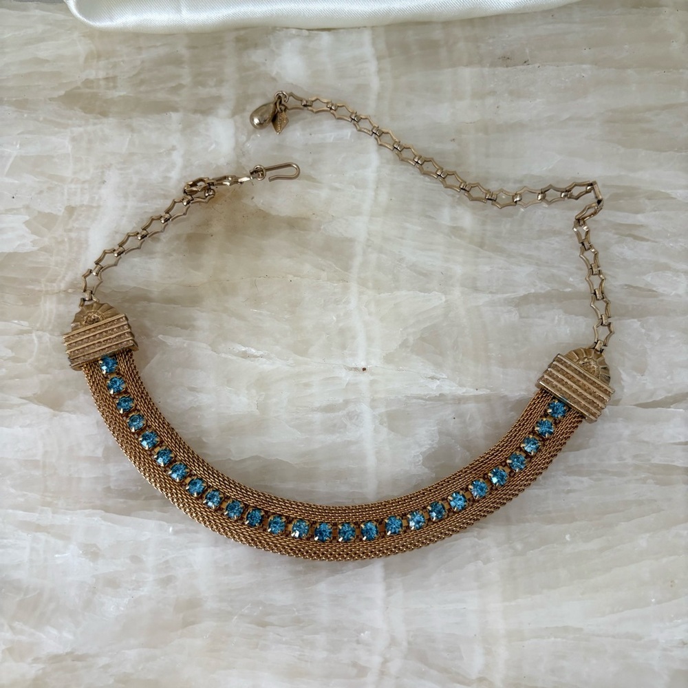 Vintage Sarah Coventry mesh chain blue rhinestone choker necklace gold tone